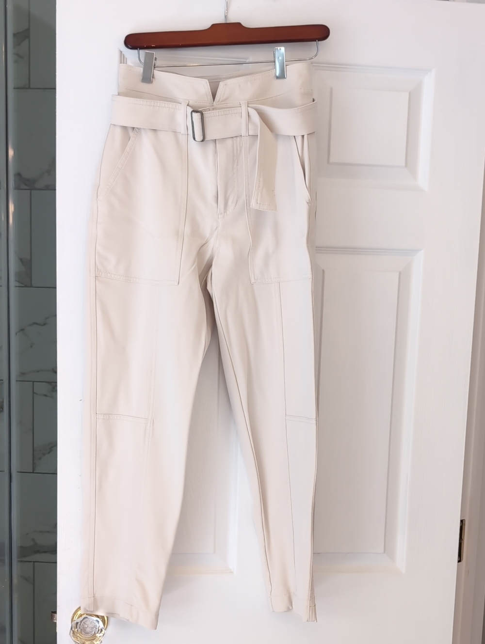 Banana Republic Cream High-Waist Belted Tapered Pants